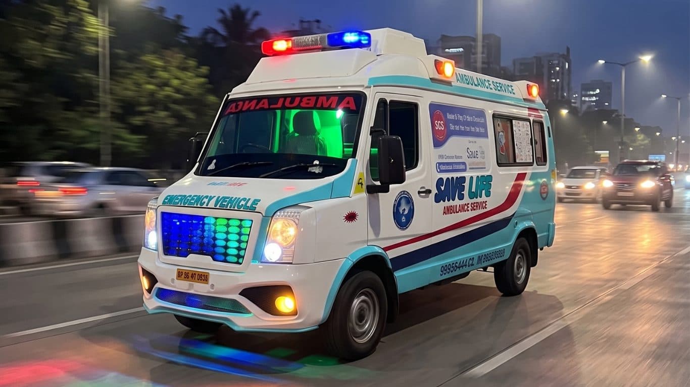 SaveLife Health Services ambulance responding on a city road at night with emergency lights on